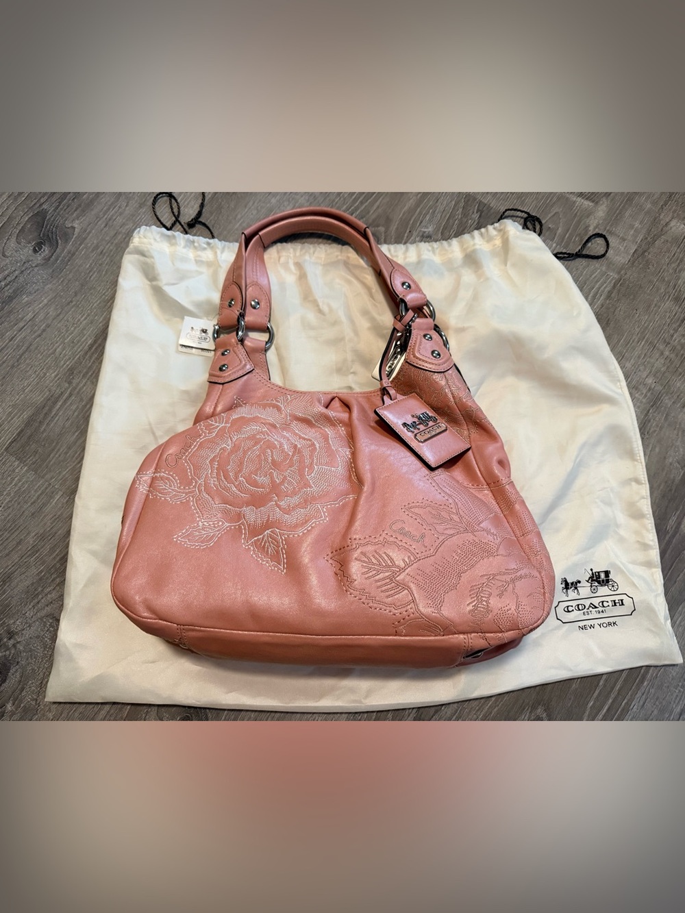 Coach Rose Flower Pink Blush Floral Embroidered Leather Bag Purse Retired Rare